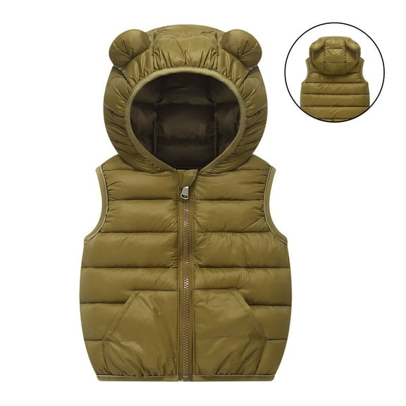 Girls Puffer Vest Hooded Jacket Green Puffer Vest Zipper Lightweight Waterproof Sleeveless Bear Ears Outwear Kids Winter Vest 5-6 Years