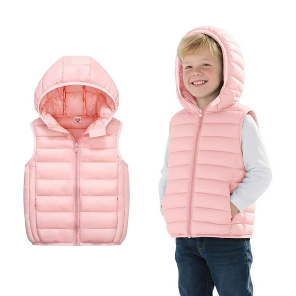 Girls Puffer Vest Hooded Jacket Pink Puffer Vest Zip up Lightweight Sleeveless Windproof down Jacket Kids Boys Winter Vest 5-6 Years