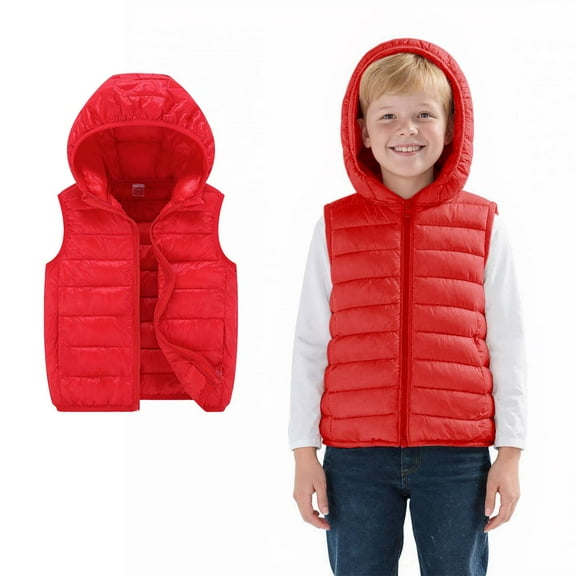 Girls Puffer Vest Hooded Jacket Red Down Vest Full-Zip Lightweight Sleeveless Windproof down Jacket Boys Winter Vest 4-5 Years