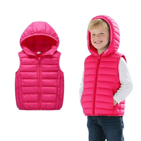 Girls Puffer Vest Hooded Jacket Red Down Vest Zip up Lightweight Waterproof Sleeveless Outwear Winter Clothes 5-6 Years