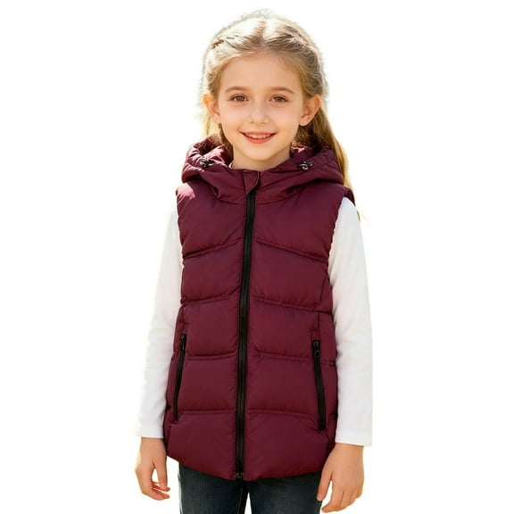 Girls Puffer Vest Hooded Jacket Red Vest Kids Zipper Sleeveless Lightweight Boys Puffer Jacket Fall Winter Clothes 5-6 Years
