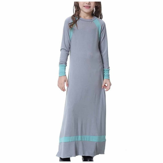 Girls Puffy Dress New Muslim Long Dress Medium Big Girls Long Sleeve V Neck Colorblock Dress Girls Summer Dresses Fancy Easter Dresses for Girls Gray New