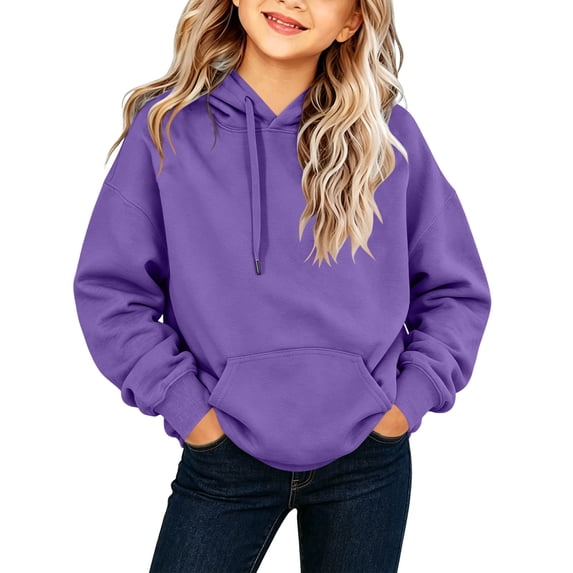 Girls' Pullover Hoodie Solid Color Lightweight Drawstring Neck Front Kangaroo Pocket Soft Fabric for School Wear Outdoor Outings 2-13 Years Purple 3-4Years