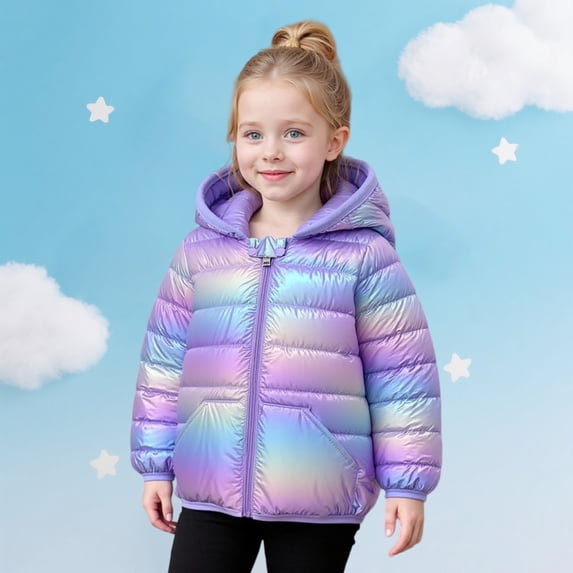 Girls Winter Hooded Coat Warm Furry Ears Jacket Kids Gradient Long Sleeve Zipper Front Lightweight Insulated Outerwear