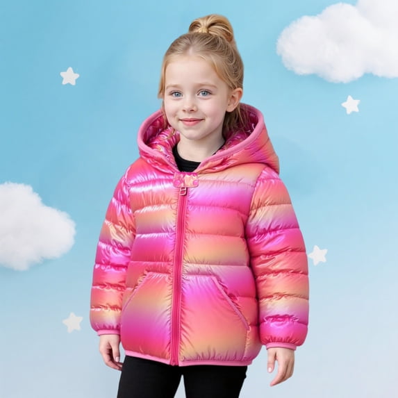 Girls Winter Hooded Coat Warm Furry Ears Jacket Kids Gradient Long Sleeve Zipper Front Lightweight Insulated Outerwear