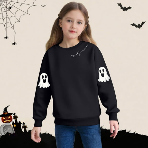 Girls' Pullover Sweatshirt New Cute Spooky Sweatshirts Kids Halloween Crewneck Long Sleeve Ghost Printed Pullover Tops for Girls Boys Black 3 Y