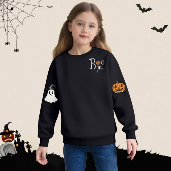 Girls Pullover Sweatshirt New Halloween Ghost Pumpkin Sweatshirts for Girls Lightweight Cute Spooky Graphic Crewneck Pullover Tops Black 6 Y