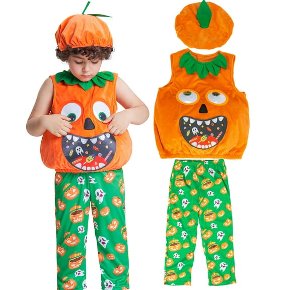Halloween Pumpkin Costume Toddler with Pumpkin Shaped Hat, Printed Pants for Kids Halloween Dress Up