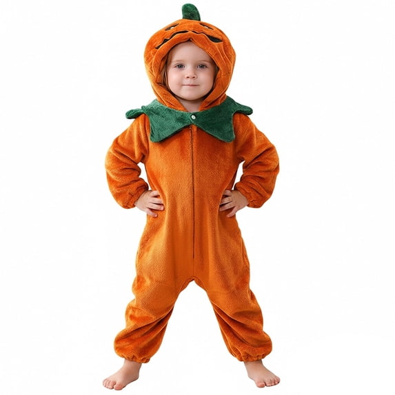 Girls Pumpkin Long Sleeve Hooded Zipper Pumpkin Jumpsuit Unisex Halloween Dress up Party Clothes Size 0-5 Years