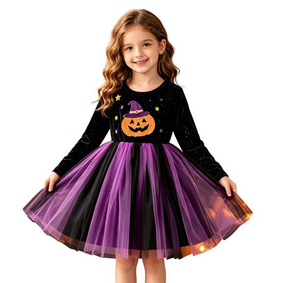 Girls Pumpkin Print Tutu Dress Long Sleeve Cotton Blend Princess Halloween Party Kids Cute Dress Up 2-7Years