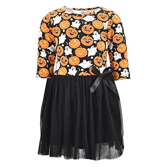 Girls Pumpkins Ghosts Halloween Tutu Dress with Bow (7Y, Black)