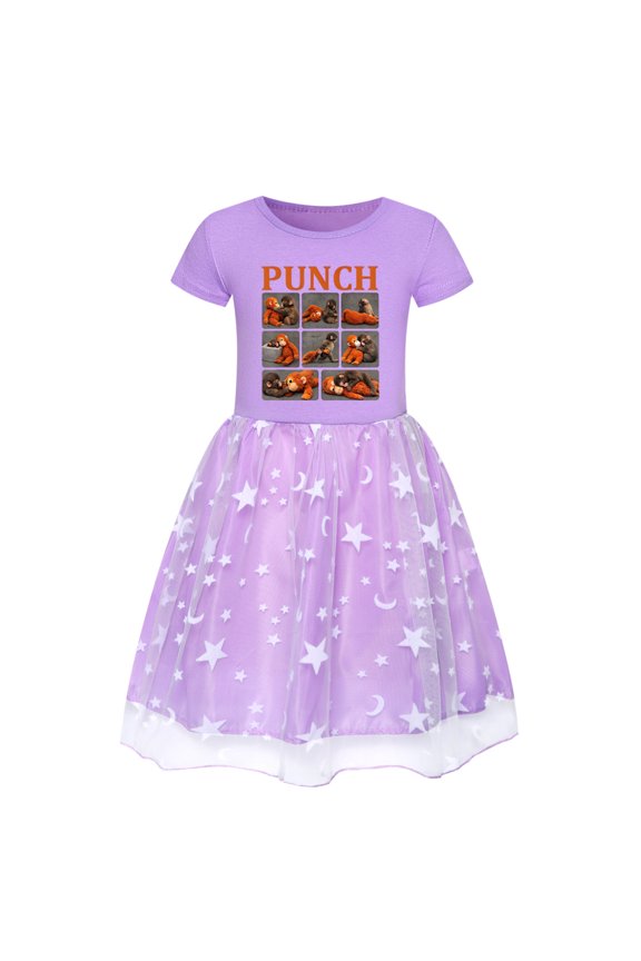 Girls Punch Monkeys Anime Fans Cartoon Graphics Printed Costume Casual Tutu Tulle Dress Summer Short Sleeve Cute Playwear Round Neck Rainbow Star Ruffle Skirt Cosplay Party Clothes Outfits Gift 3-9