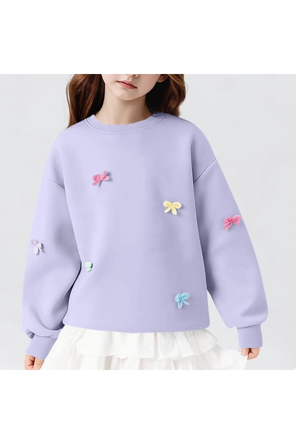 Girls Purple 3D Bow Embellished Sweatshirt - Soft Stretch Nylon Spandex Crew Neck Pullover, Cute Casual Top for 4-15 Years Girls School Outdoor,Size 14-15 T