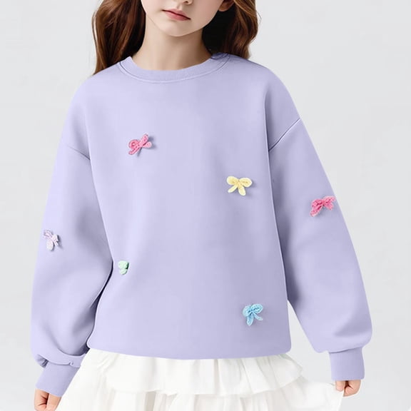 Girls Purple 3D Bow Embellished Sweatshirt - Soft Stretch Nylon Spandex Crew Neck Pullover, Cute Casual Top for 4-15 Years Girls School Outdoor,Size 5-6 T