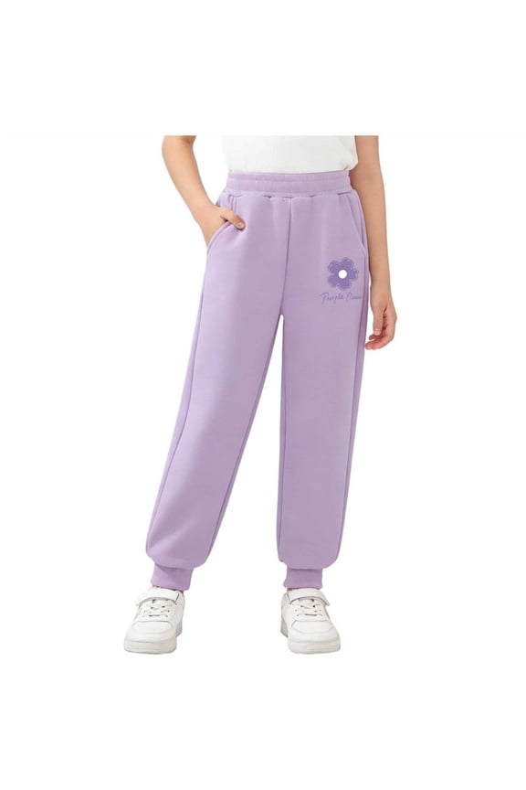 Girls Purple Floral Jogger Pants Soft Stretchy Elastic Waist with Pockets for Kids & Big Kids Playwear,Size 11-12 T