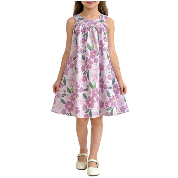 Girls Purple Floral Sleeveless Sundress Ruffle Neck A-Line Casual Summer Spring Easter Party Dresses for Kids Little Big Kids Comfortable Polyester,Size 11-12 T