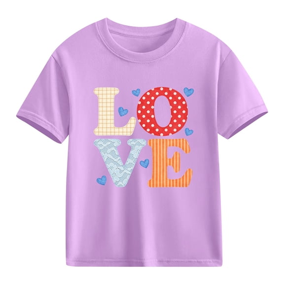 Girls Purple Love Graphic T-Shirt Soft Cotton Valentine's Day Top Cute Short Sleeve Tee for Kids Girls 4-10 Years,Size 5 T