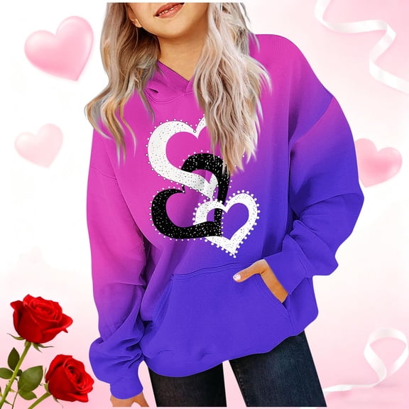 Girls Purple Ombre Hoodie Heart Graphic Soft Stretch Pullover Sweatshirt for Girls 4-12 Years,Size 9-10T