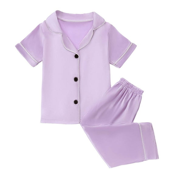 Girls Purple Satin Pajamas Set,Short Sleeve Top & Long Pants Button Down Homewear Set 2 Piece Toddler Girl Sleepwear Toddler Pajamas 12-18 Months