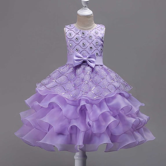 Girls Purple Sequin Tulle Ruffle Flower Girl Pageant Party Formal A-Line Sparkle Dress with Satin Bow,Size 9 T