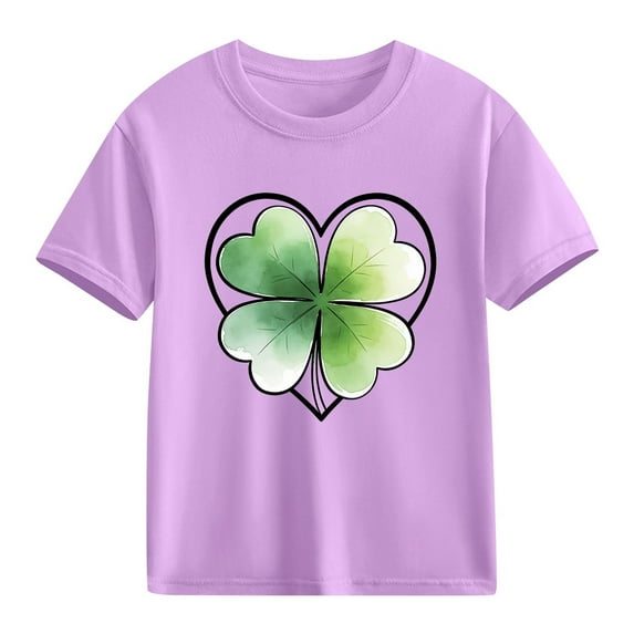 Girls Purple T-Shirt | Lucky Four Leaf Clover Heart Graphic Tee | Kids Short Sleeve Casual Cotton Top for St Patricks Day,Size 4 T