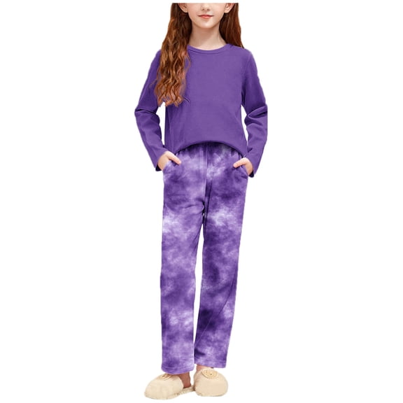 Girls' Purple Tie-Dye Loose Set - Soft Stretch Polyester Spandex, Long Sleeve Top & Pants, Comfortable Casual for 3-15 Years,Size 3-4 T