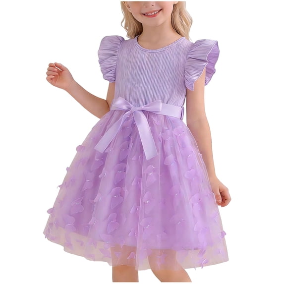Girls Purple Tulle Dress 3D Butterfly Appliques Satin Bow Belt Ruffled Short Sleeves A-Line Kids Party Dress for Wedding Birthday Ages 3-10,Size 9-10 T