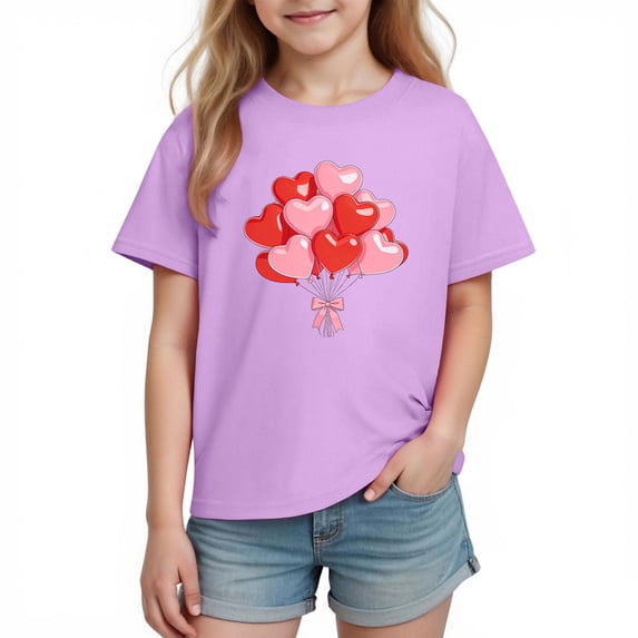 Girls Purple Valentine Shirt Heart Balloon Graphic Cotton Tee Soft Casual Short Sleeve T-Shirt for Kids Sizes 3-10 Years Kids Big Girl,Size 7 T