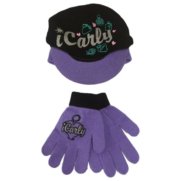 Girls Purple iCarly Newsboy Beanie Stocking Cap Hat & Gloves Set I Carly