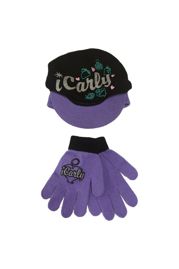 Girls Purple iCarly Newsboy Beanie Stocking Cap Hat & Gloves Set I Carly