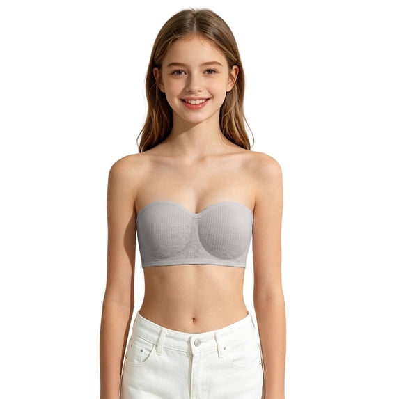 Girls Push Up Strapless Bras Soft Fitting Unlined Bandeau Bra Non Slip Wireless No Underwire Padded Tube Bra(Dark Gray,32)