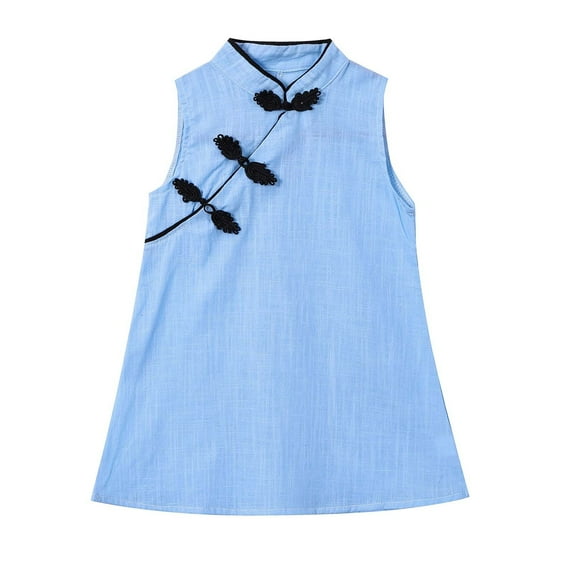 Girls Qipao Elegant Dress Tradition Sleeveless Button Dresses Vintage Casual Party Toddlers Clothing, Blue, 3-4 Years