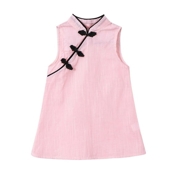 Girls Qipao Elegant Dress Tradition Sleeveless Button Dresses Vintage Casual Party Toddlers Clothing, Pink, 3-4 Years
