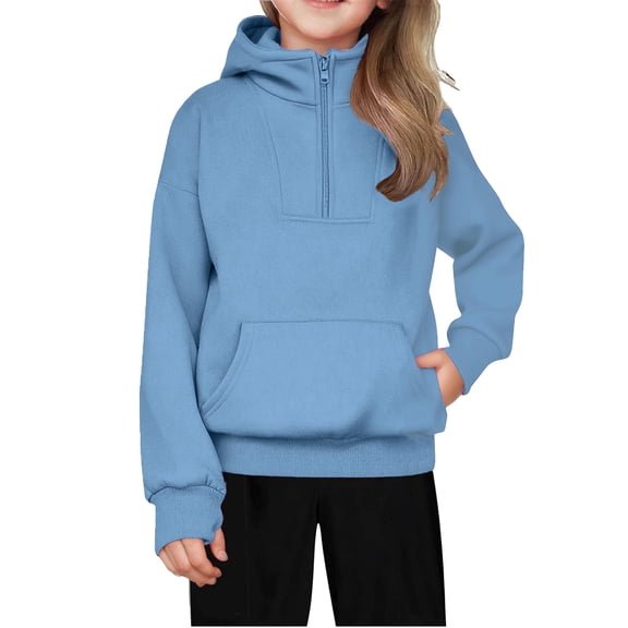 Girls Quarter Zip Hoodie, Solid Color Fleece Lined Pullover with Thumb Holes, Warm & Sporty Top for Cold Weather Play & Practice,Sky Blue,120