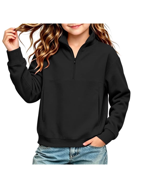Girls Quarter-Zip Pullover Stand Collar Long Sleeve Sweatshirt with Pockets Relaxed Fit Casual Top for School Daily Wear (Ages 5-15 Years)