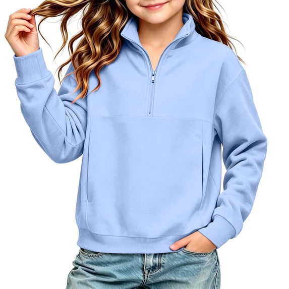 Girls Quarter-Zip Pullover Stand Collar Long Sleeve Sweatshirt with Pockets Relaxed Fit Casual Top for School Daily Wear (Ages 5-15 Years)