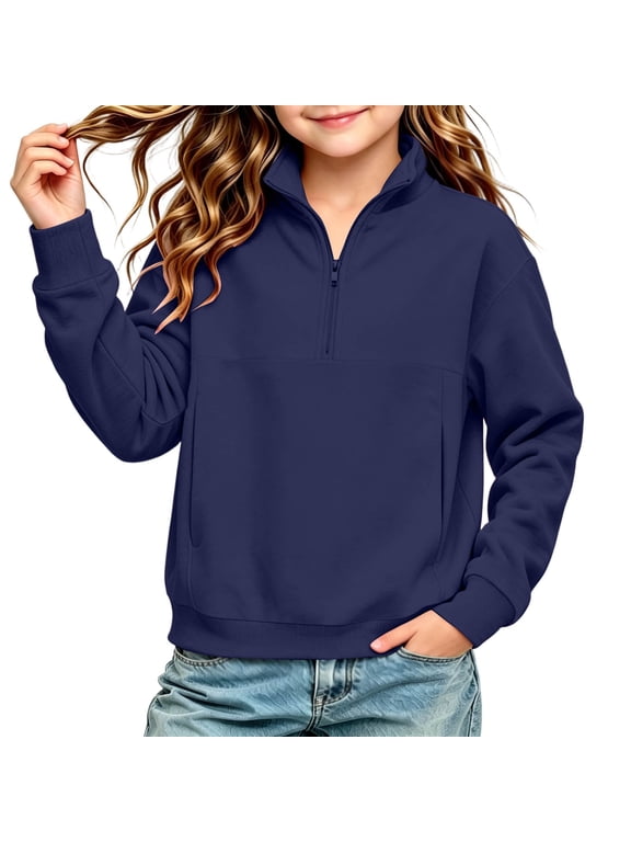 Girls Quarter-Zip Pullover Stand Collar Long Sleeve Sweatshirt with Pockets Relaxed Fit Casual Top for School Daily Wear (Ages 5-15 Years)