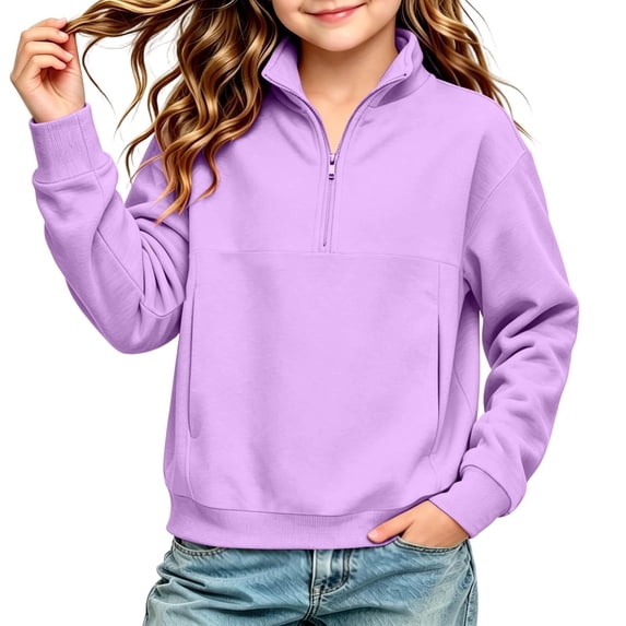 Girls Quarter Zip Sweatshirt Casual Fashion Turtleneck Long Sleeve Kids Pullover Tops Purple 7-8 Years