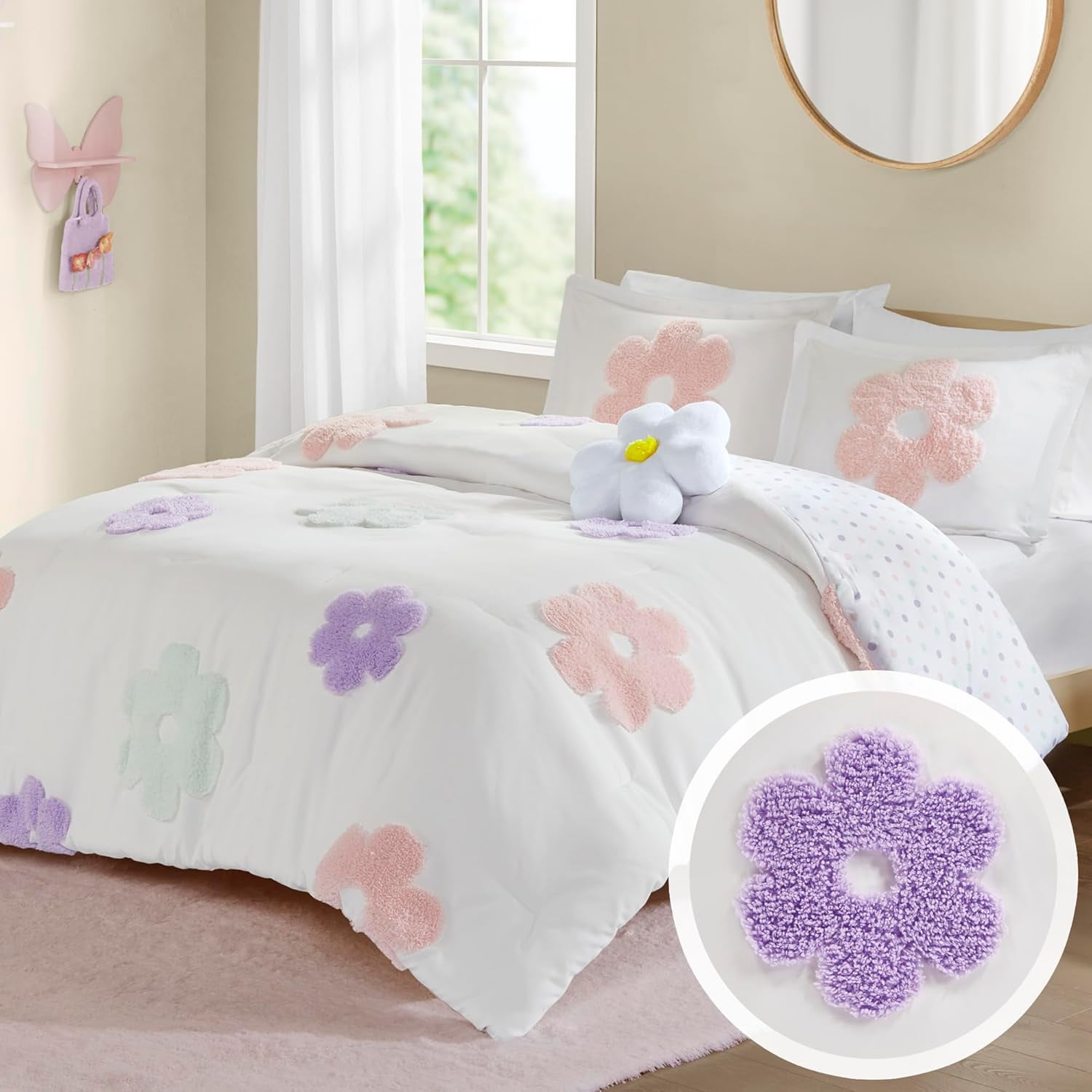 Purple and White Floral Microfiber Kids Full Comforter Set