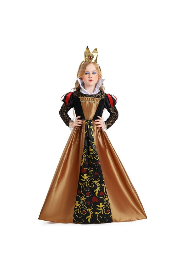 Girls Queen Costume with Headband Halloween Red Hearts Dress