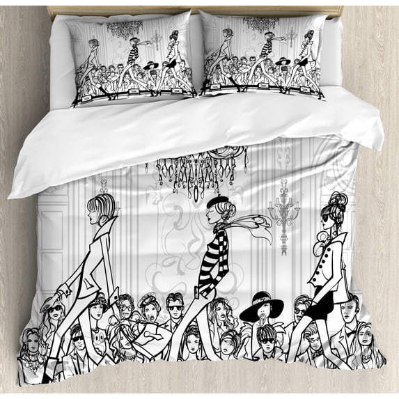 Girls Queen Size Duvet Cover Set, Fashion Show with Catwalk Mannequins Audience Supermodel Human Crowd Illustration, Decorative 3 Piece Bedding Set with 2 Pillow Shams, White Black, by Ambesonne