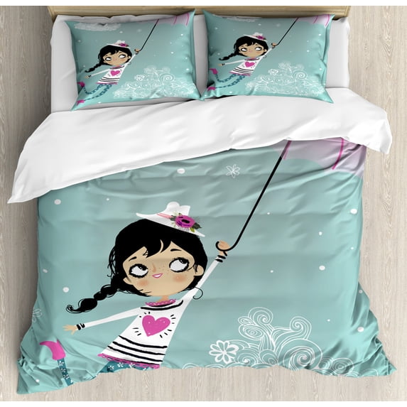 Girls Queen Size Duvet Cover Set, Flying Girl with a Pink Umbrella and a Floral Hat Doodle Style Curly Cloud Motifs, Decorative 3 Piece Bedding Set with 2 Pillow Shams, Multicolor, by Ambesonne