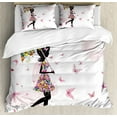 thumbnail image 1 of Girls Queen Size Duvet Cover Set, Girl with Floral Umbrella and Dress Walking with Butterflies Inspirational Art Print, Decorative 3 Piece Bedding Set with 2 Pillow Shams, Pink Black, by Ambesonne, 1 of 3