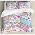 thumbnail image 1 of Girls Queen Size Duvet Cover Set, Multiple Womens Makeup Products Illustration Cosmetics Beauty and Glamour Concept, Decorative 3 Piece Bedding Set with 2 Pillow Shams, Multicolor, by Ambesonne, 1 of 3
