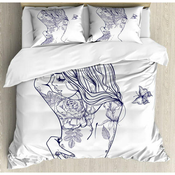 Girls Queen Size Duvet Cover Set, Young Girl with Tattoos and Butterflies Free Your Soul Inspired Long Hair Feminine, Decorative 3 Piece Bedding Set with 2 Pillow Shams, Purple White, by Ambesonne