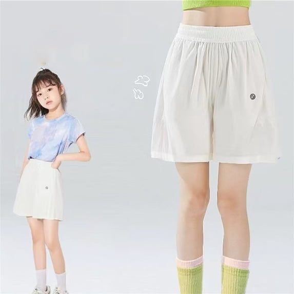 Girls' Quick Dry Elastic Waist Shorts, Casual Loose Wide Leg Running Shorts for Summer White 150