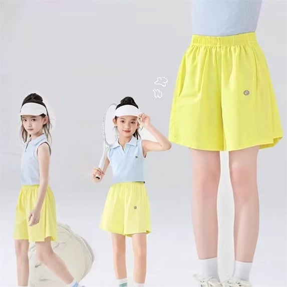 Girls' Quick Dry Elastic Waist Shorts, Casual Loose Wide Leg Running Shorts for Summer Yellow 140