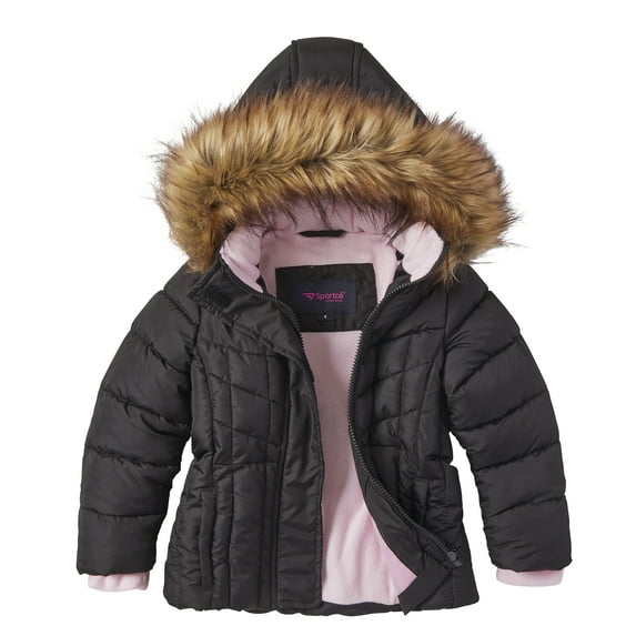 Girls Quilted Fleece Lined Winter Puffer Jacket Coat Faux Fur Trim Zip-Off Hood - Black (10/12)