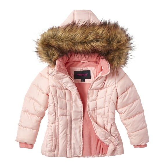 Girls Quilted Fleece Lined Winter Puffer Jacket Coat Faux Fur Trim Zip-Off Hood - Blush (10/12)