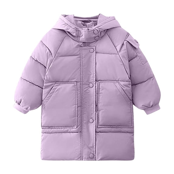 Girls' Quilted Hooded Puffer Coat - Warm Mid-Length Winter Jacket for Kids, Purple,Size 5 T